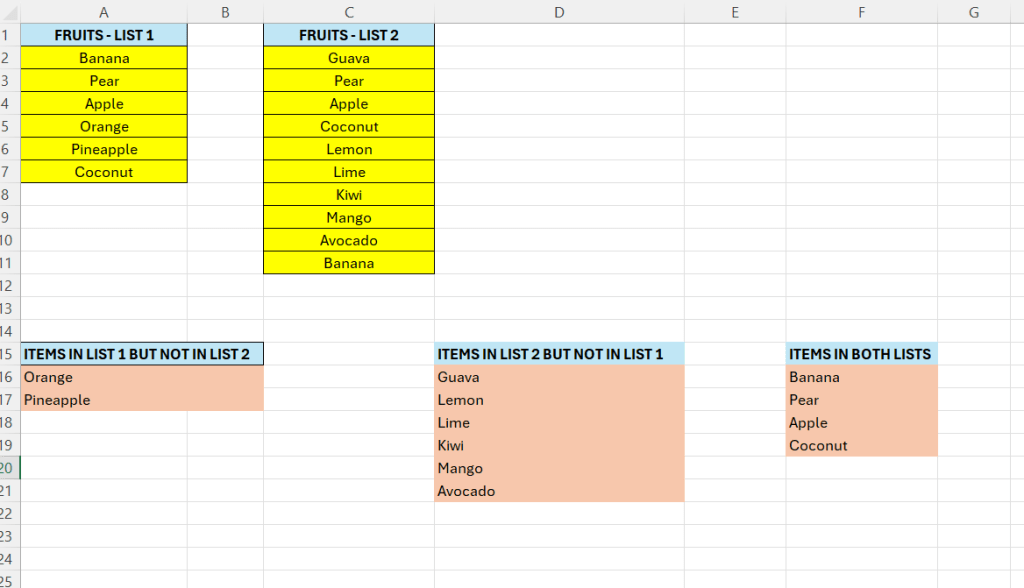 Complete list/column comparison